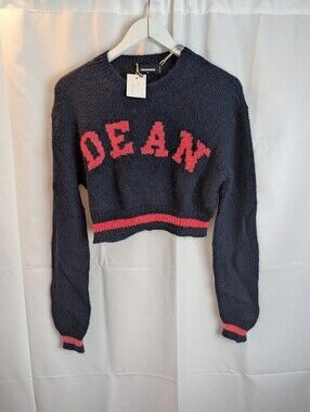 DSQUARED2 Navy and Red Cropped Crewneck Sweater with DEAN Logo Size M BNWT